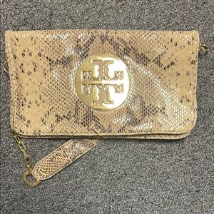 Tory Burch Tan and Gold Clutch with Wristlet